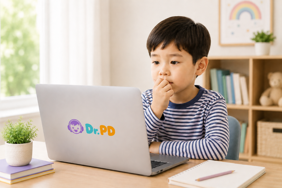 孩子面對線上英文課程時略顯害羞，不敢開口