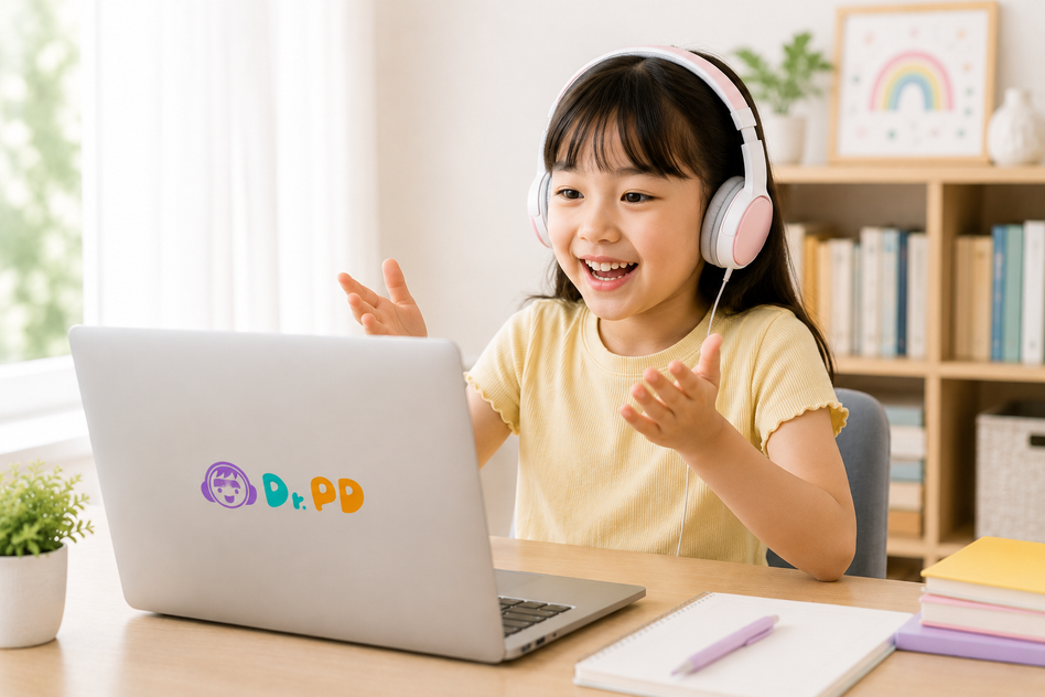 孩子開心參與線上英文課程並主動表達