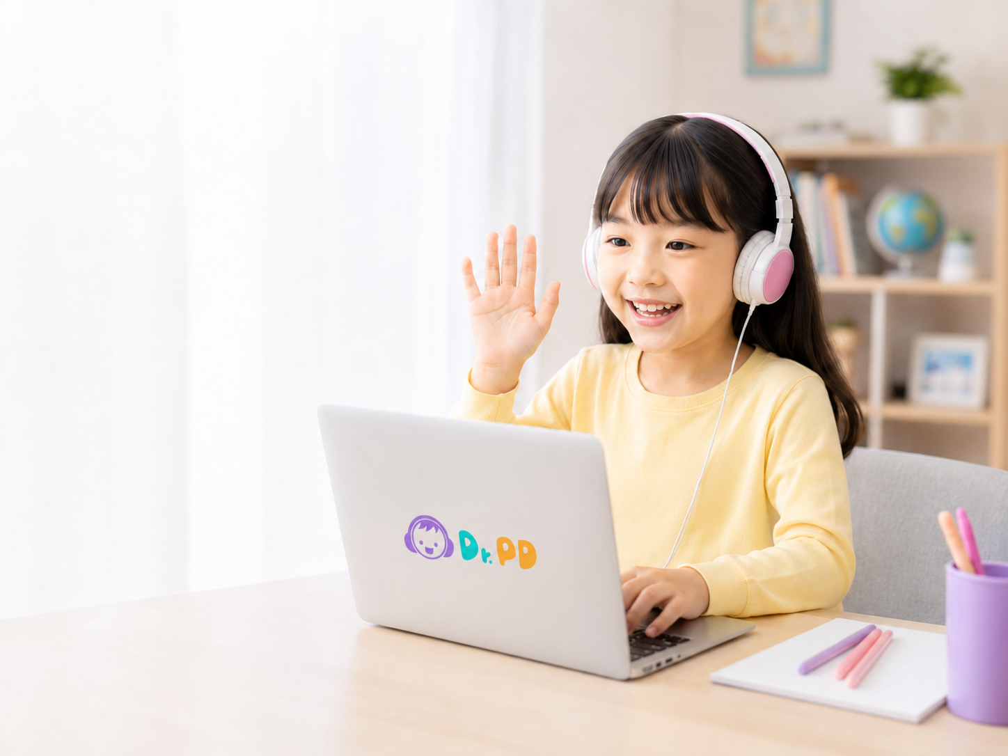 孩子在家使用筆電與真人老師進行線上英文互動