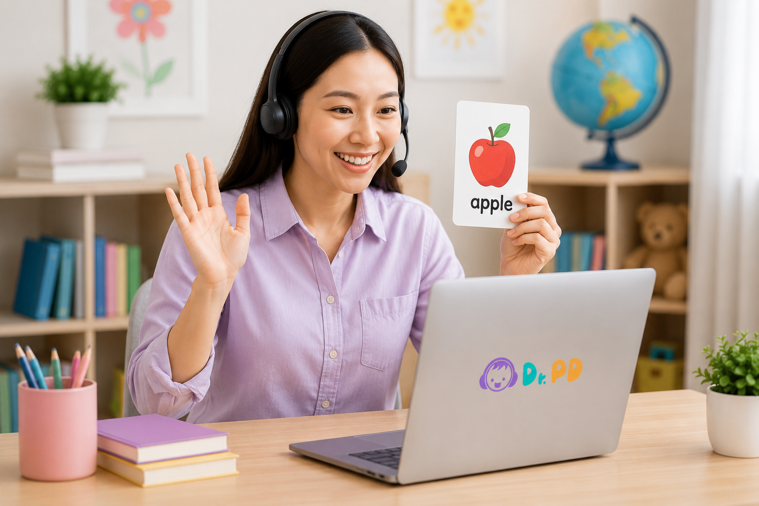 真人英文老師在線上課程中使用蘋果字卡與孩子互動