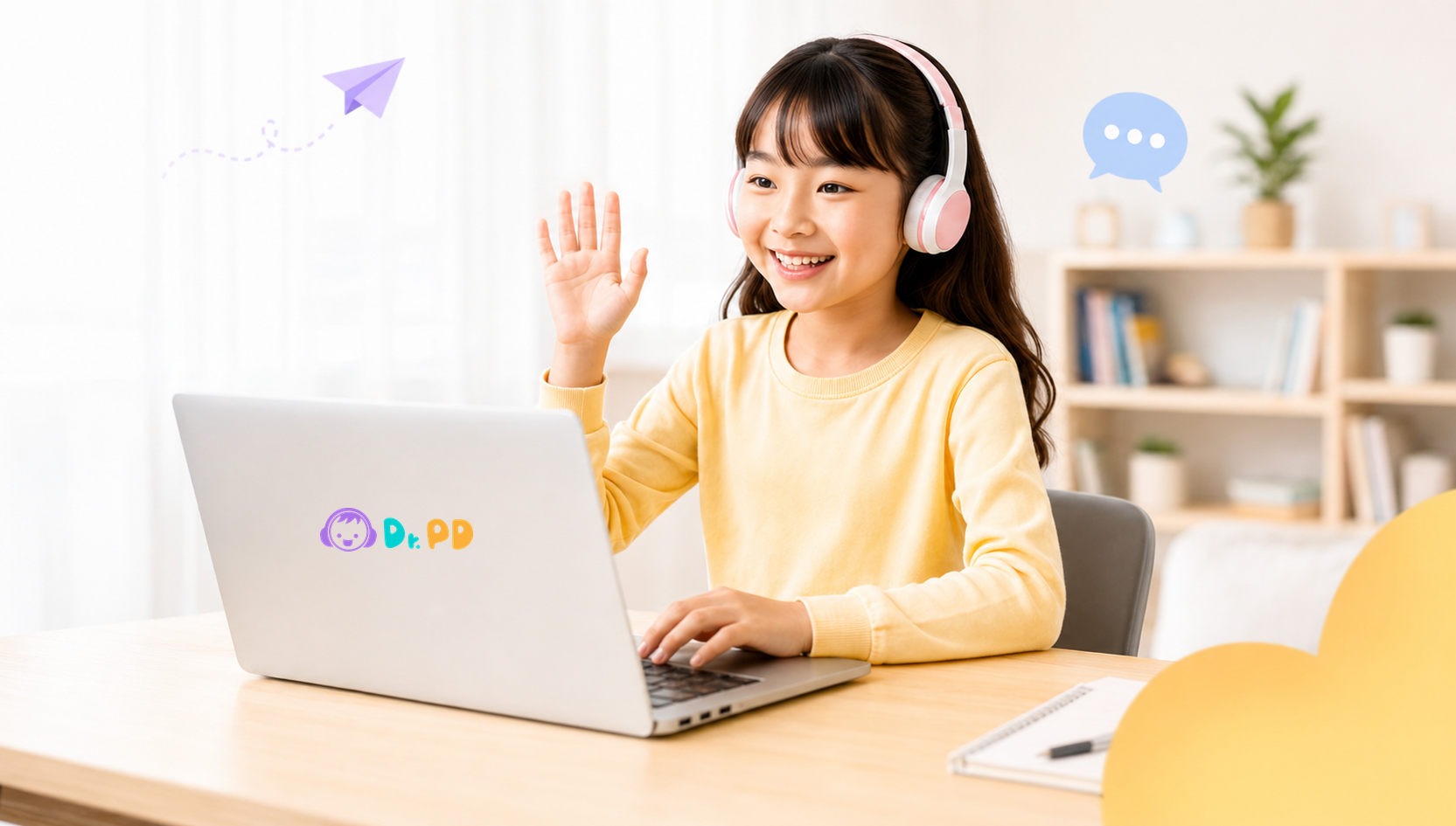 孩子戴著耳機使用筆電進行線上英文課程