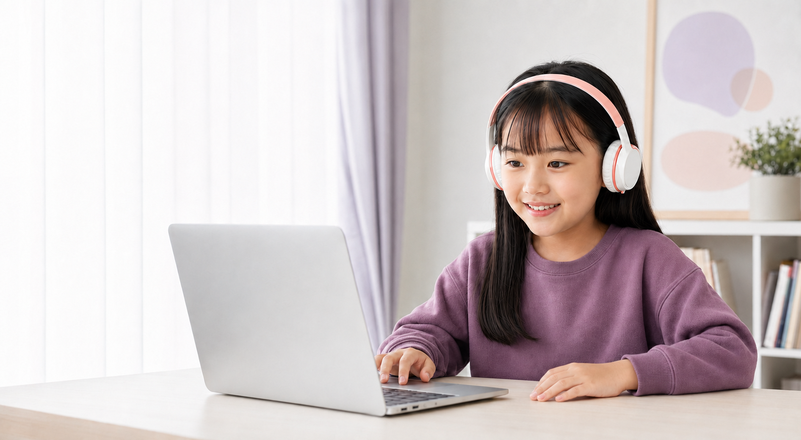 孩子使用筆電進行一對一英文課程